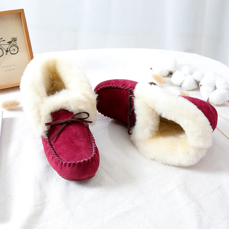 GRWG Damen Winter Flats – Handgefertigte Loafers aus echtem Pigskin-Leder mit Schafwoll-Innensohle, rutschfeste Slip-On Mokassins