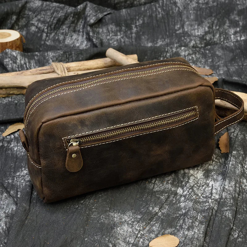Hochwertige Kleine Reise-Kosmetiktasche aus Crazy Horse Leder – Vintage Leder Wash- &amp; Make-up Bag para hombres 