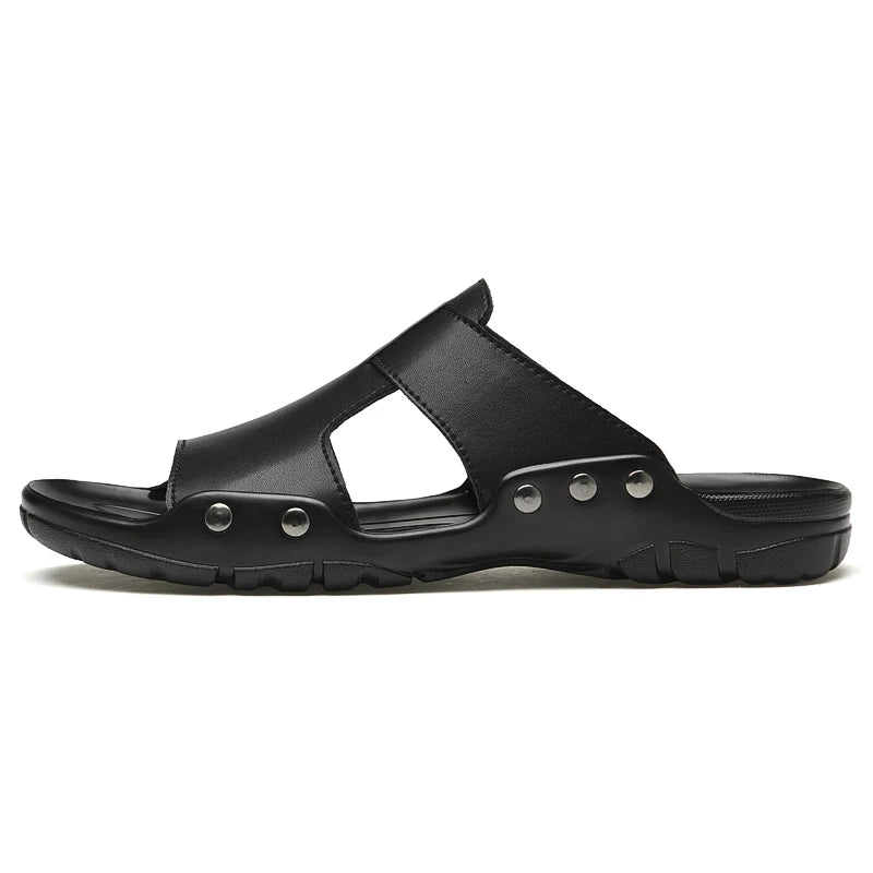 Herren Leder Slides Sommer – Schwarze Slip-On Sandalen aus echtem Leder, Extra große Größen bis 52, Bequeme Beach & Outdoor Slipper