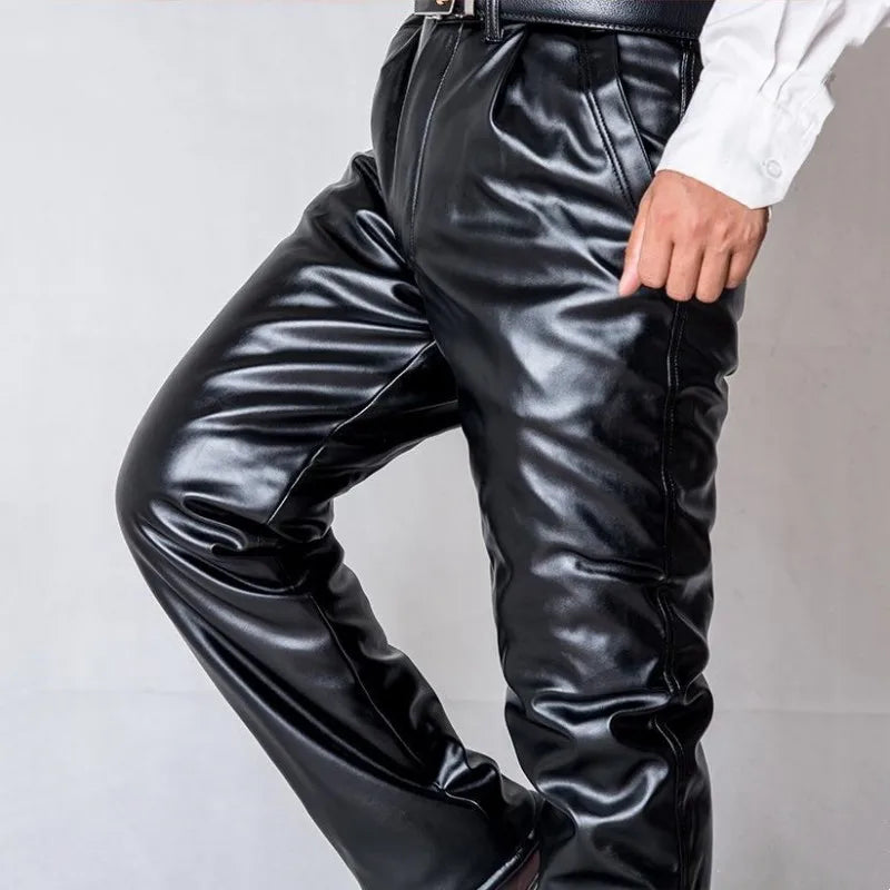 Herren PU Lederhose mit Fleece-Futter – Warme, wind- & wasserabweisende Motorrad-Hose im geraden Schnitt, Winterhose bis Plus Size