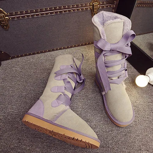 GRWG Damen Schneestiefel aus 100 % echtem Rindsleder – Kniehohe Winterstiefel mit Warmfutter &amp; flacher Sohle