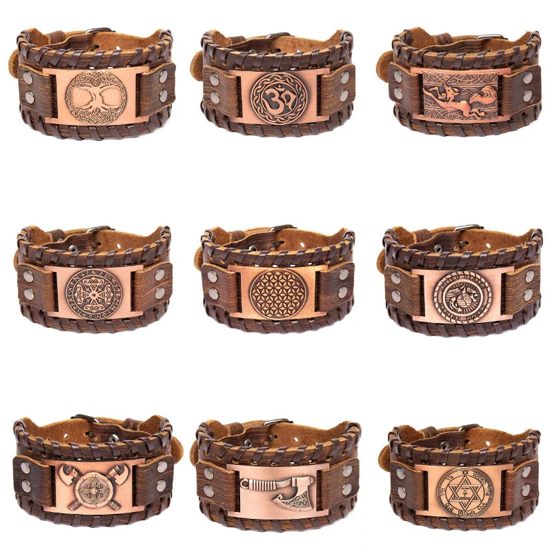 Totem Design Wide Leather Pirate Compass Bracelet Men's Bracelet Celtic Viking Jewelry Compass Bracelet Accessories Party Gifts