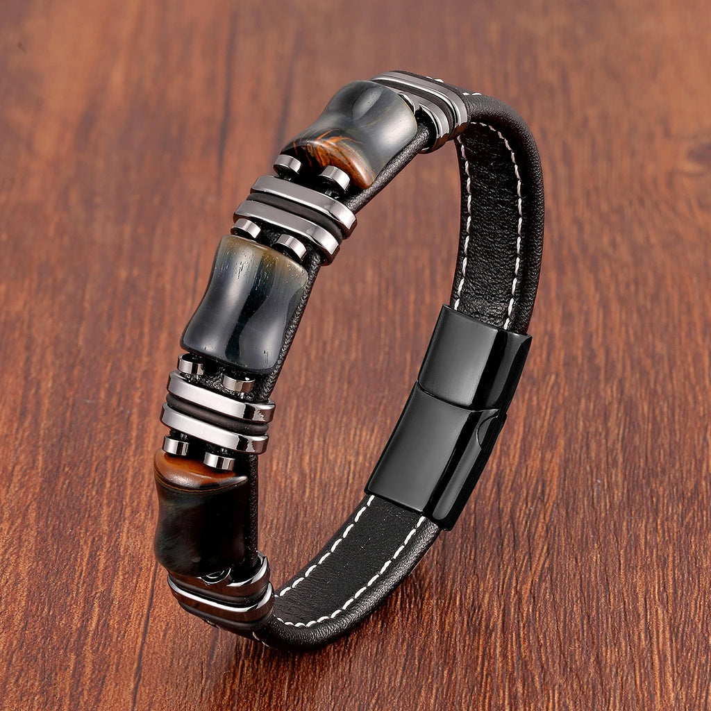 Tigerauge Lederarmband für Damen & Herren – Naturstein Armband mit schwarzem Lederband & Edelstahl-Magnetverschluss, modernes Unisex Schmuckstück