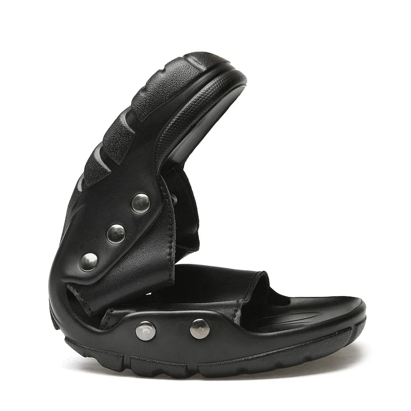 Herren Leder Slides Sommer – Schwarze Slip-On Sandalen aus echtem Leder, Extra große Größen bis 52, Bequeme Beach & Outdoor Slipper
