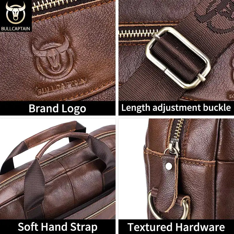 BULLCAPTAIN Herren Aktentasche aus echtem Rindsleder – Business Messenger Bag & Schultertasche für 14-Zoll Laptop
