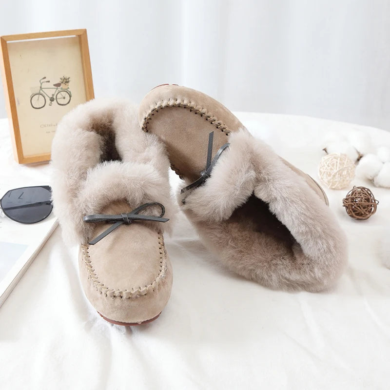 GRWG Damen Winter Flats – Handgefertigte Loafers aus echtem Pigskin-Leder mit Schafwoll-Innensohle, rutschfeste Slip-On Mokassins