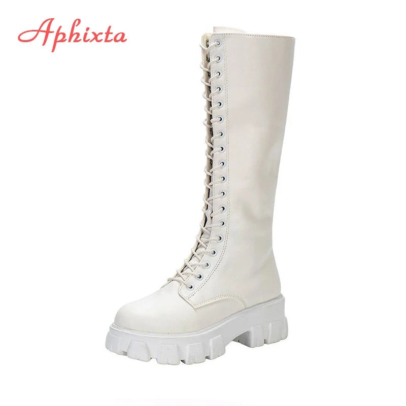 Aphixta Damen Langschaftstiefel Weiß – Modische High Heel Schnürstiefel aus PU-Leder mit Plateau &amp; spitzer Zehenform 