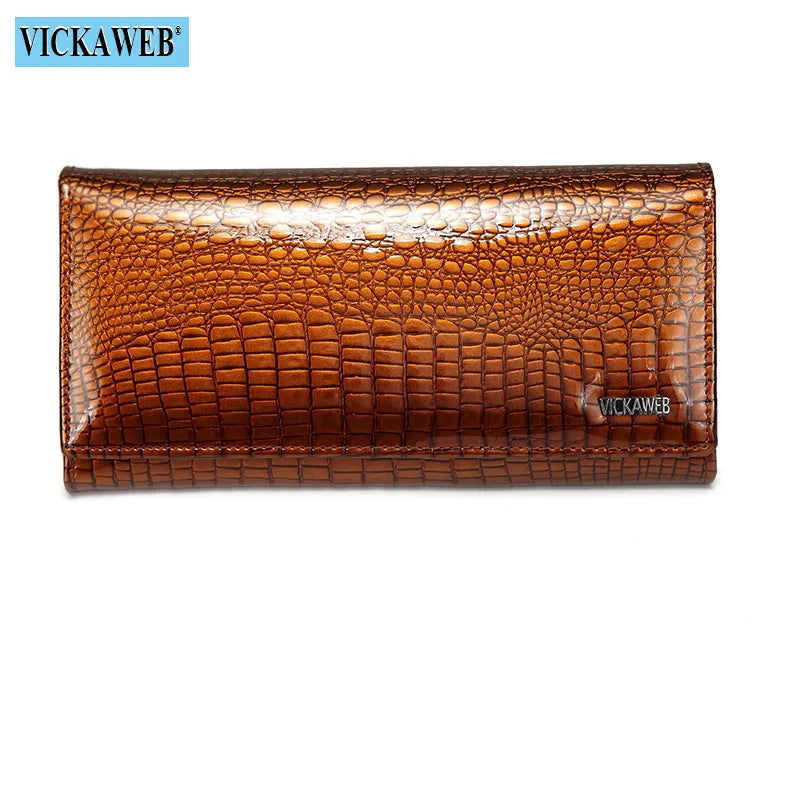 VICKAWEB Damen Geldbörse aus echtem Leder - Lange Fashion Wallet mit Doppel-Reißverschluss, großer Kapazität &amp; Alligator-Prägung (VK-AE501) 