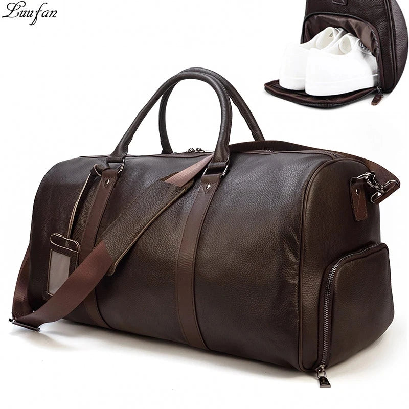 Große Reisetasche aus echtem Leder – Weiche Cowhide Travel Duffle Bag für Damen & Herren, schwarze Wochenend- & Schultertasche mit Schuhfach