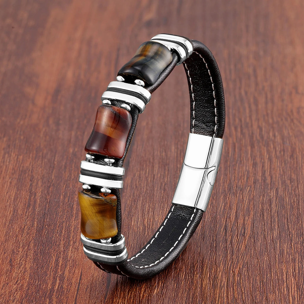 Tigerauge Lederarmband für Damen & Herren – Naturstein Armband mit schwarzem Lederband & Edelstahl-Magnetverschluss, modernes Unisex Schmuckstück