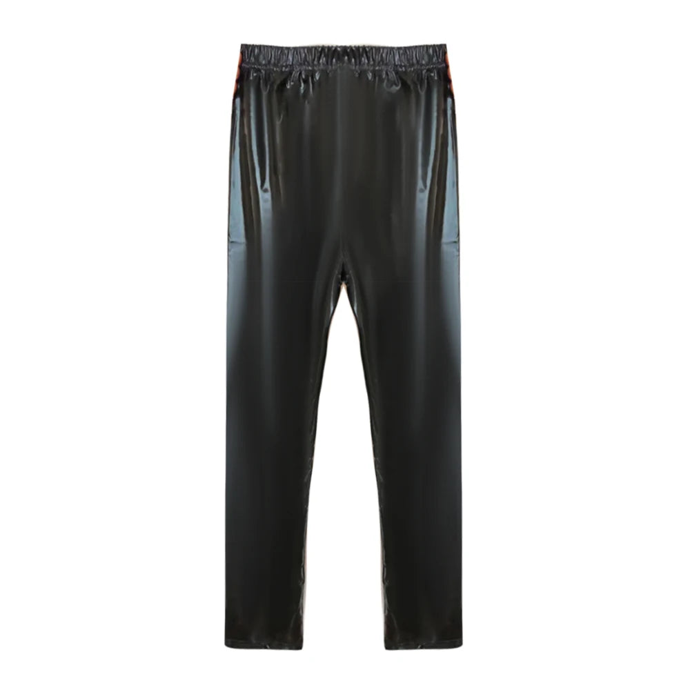 Leggings de piel sintética para hombre con aspecto mojado: calzas ajustadas y ajustadas en color negro para estilo club, bühne y de la calle