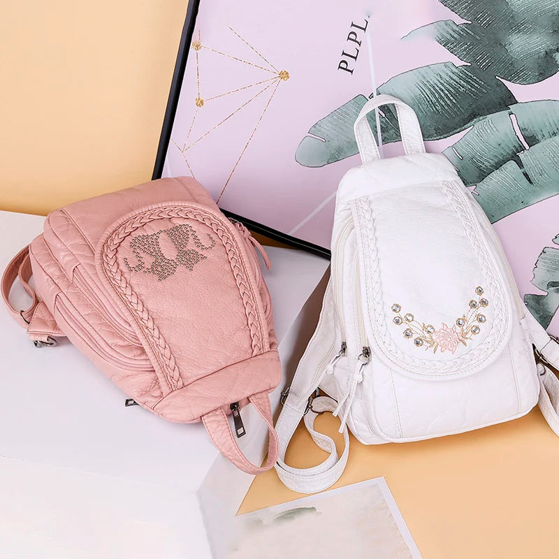 LANYIBAIGE Damen Leder-Rucksack – Kleiner Fashion Rucksack mit Stickerei, weich & leicht für Schule, Alltag & Reisen