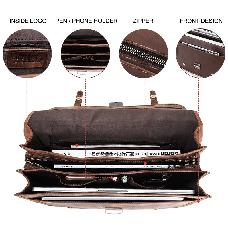 CONTACT’S Herren Aktentasche aus Crazy Horse Leder – Business-Laptop Bag für 14-Zoll Geräte, Hochwertige Ledertasche für Männer