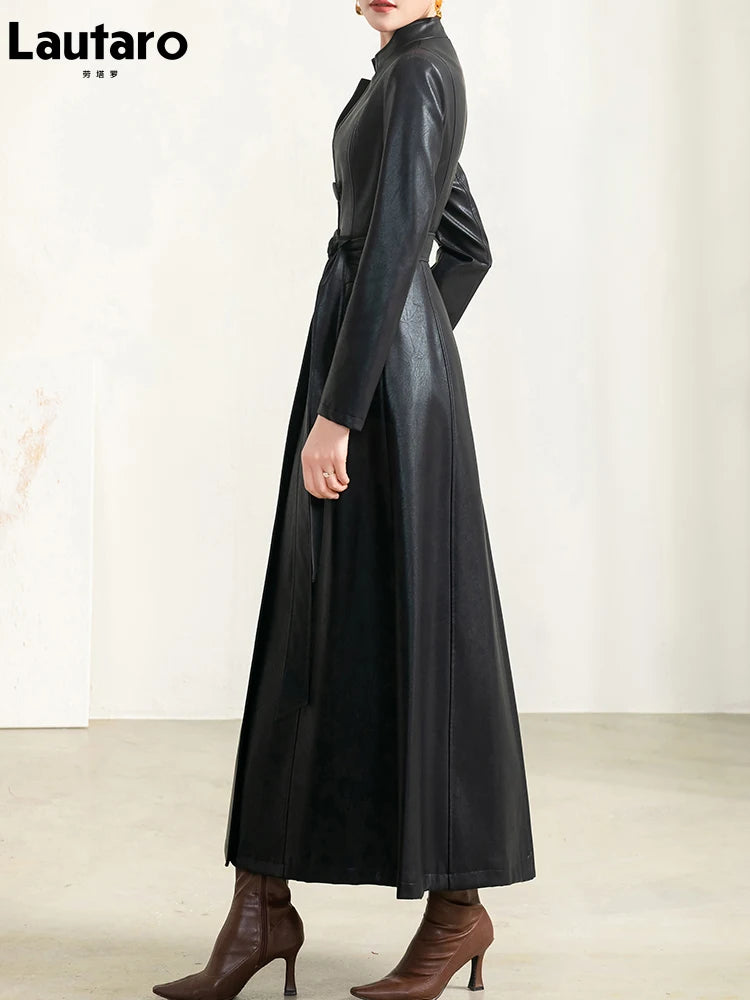 Damen Langer PU Ledermantel – Schwarzer Faux Leather Coat mit Gürtel, Einreihig, Luxus-Design für Frühling & Herbst