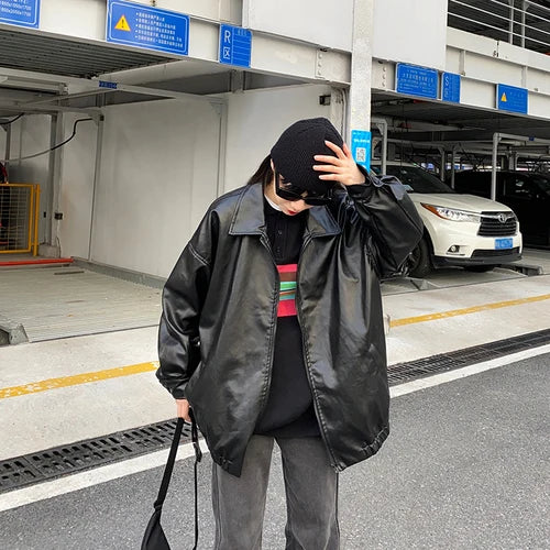 Koreanische Damen PU Lederjacke – Schwarze Lange Bikerjacke mit Reißverschluss, Streetwear Y2K Loose Fit für Herbst & Winter 2023