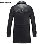 Mauroicardi Herren Lederblazer Lang – Eleganter PU-Ledermantel mit Gürtel, wind- & wasserabweisender Business-Blazer in Schwarz bis 5XL