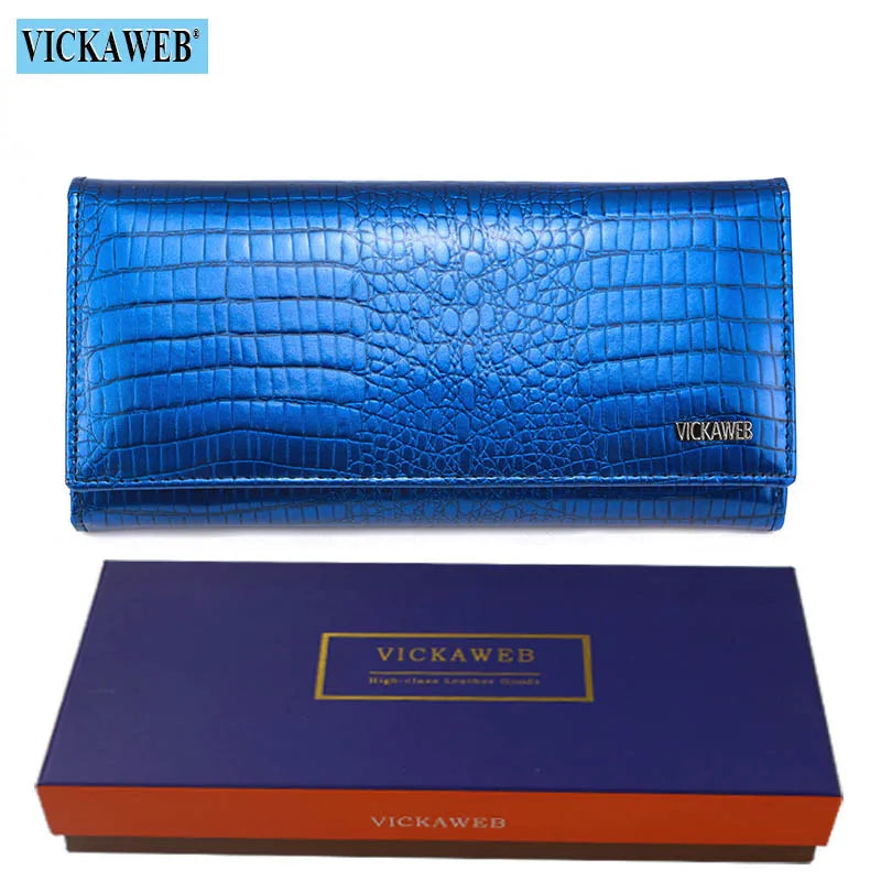 VICKAWEB Damen Geldbörse aus echtem Leder - Lange Fashion Wallet mit Doppel-Reißverschluss, großer Kapazität &amp; Alligator-Prägung (VK-AE501) 