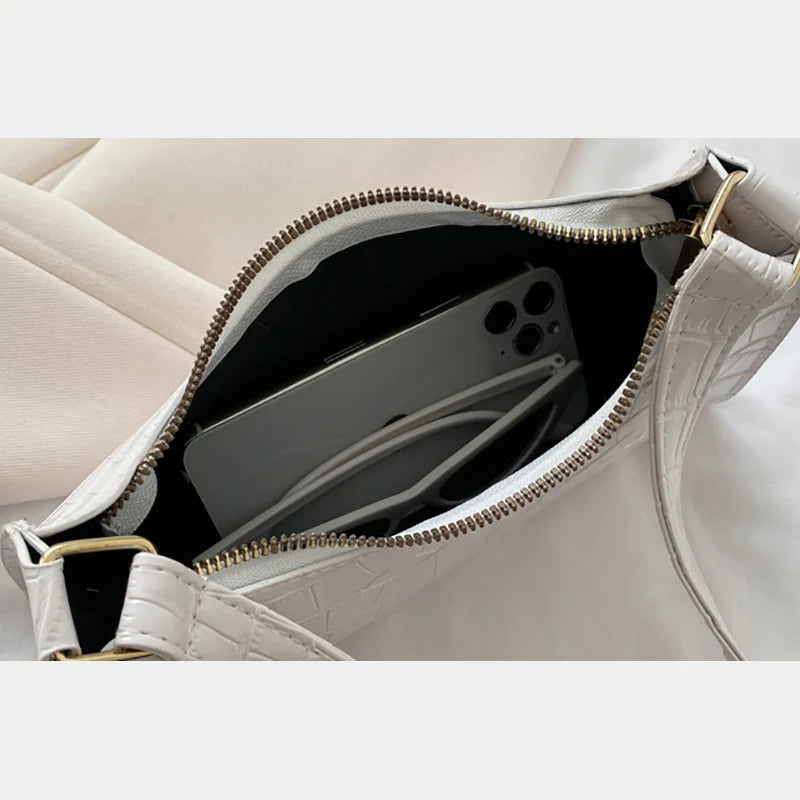 Damen PU-Leder Handtasche – Kleine Unterarmtasche mit Alligator-Prägung & Reißverschluss