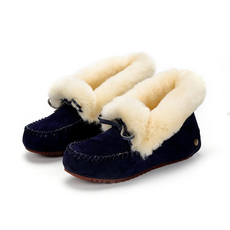 GRWG Damen Winter Flats – Handgefertigte Loafers aus echtem Pigskin-Leder mit Schafwoll-Innensohle, rutschfeste Slip-On Mokassins