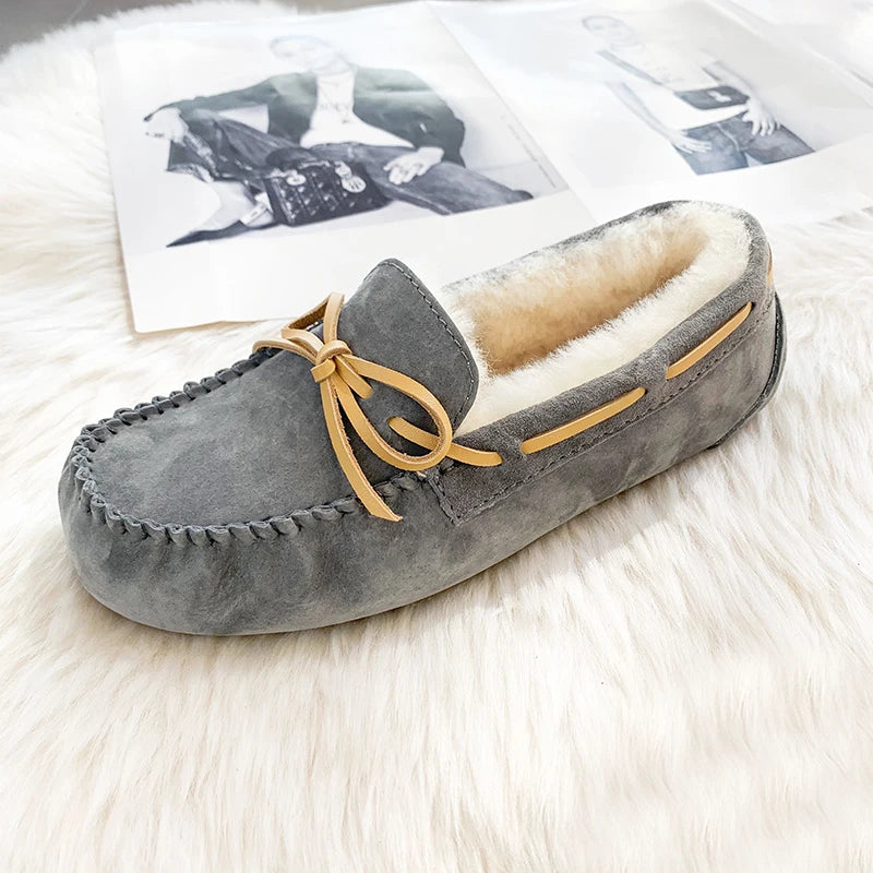 GRWG Chaussures plates en cuir pour femme – Mocassins faits à la main en cuir véritable avec loup, chaussures à enfiler chaudes pour l'hiver