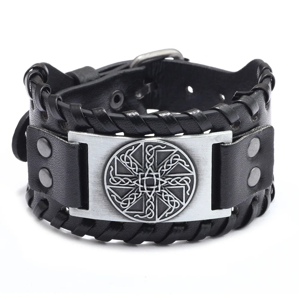 Totem Design Wide Leather Pirate Compass Bracelet Men's Bracelet Celtic Viking Jewelry Compass Bracelet Accessories Party Gifts
