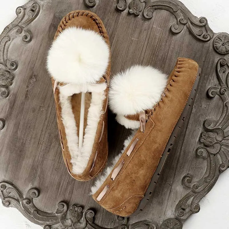 GRWG Mocassins en cuir pour femmes – Mocassins d'hiver faits à la main en peau de porc véritable, avec des chaussures plates à enfiler avec des chaussures en laine