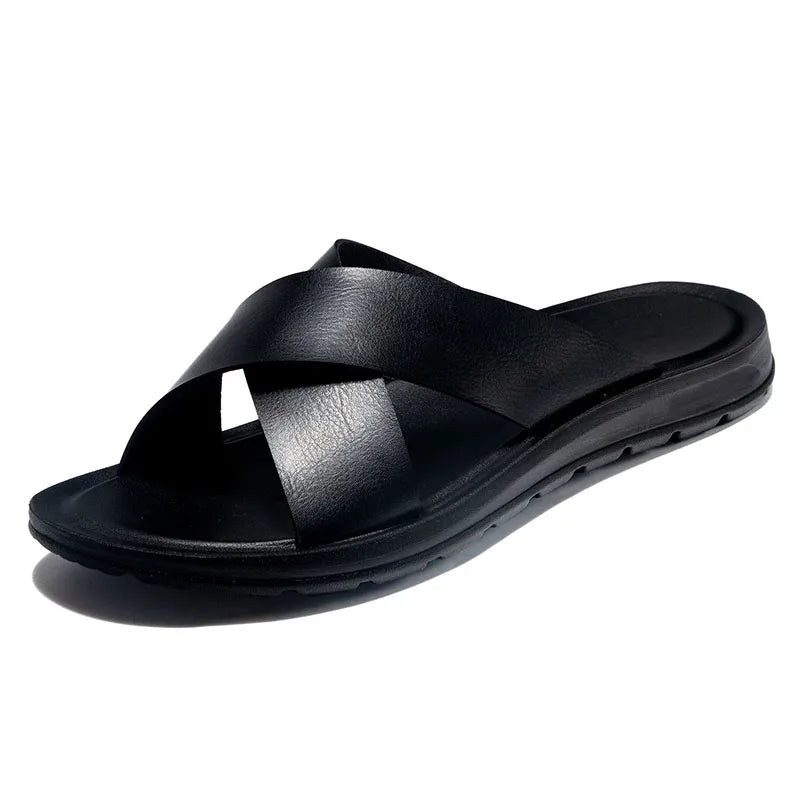 FUQIAO Herren Sommer Sandalen – Klassische Roman Slides, Offene Zehen, PU-Leder Slipper mit Rutschfester Gummisohle für Strand & Outdoor