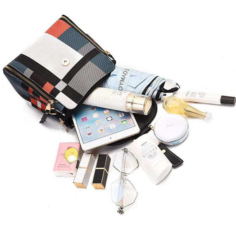 Yogodlns Damen PU Leder Rucksack – Karomuster Patchwork, mit Schloss, multifunktional, Schul- & Freizeitrucksack