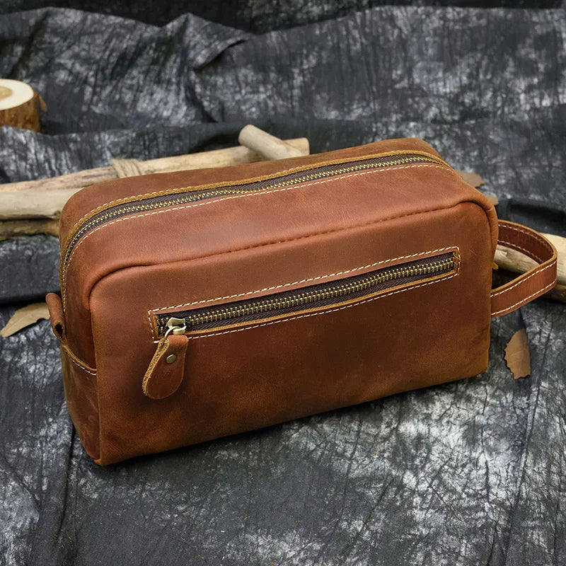 Hochwertige Kleine Reise-Kosmetiktasche aus Crazy Horse Leder – Vintage Leder Wash- &amp; Make-up Bag para hombres 