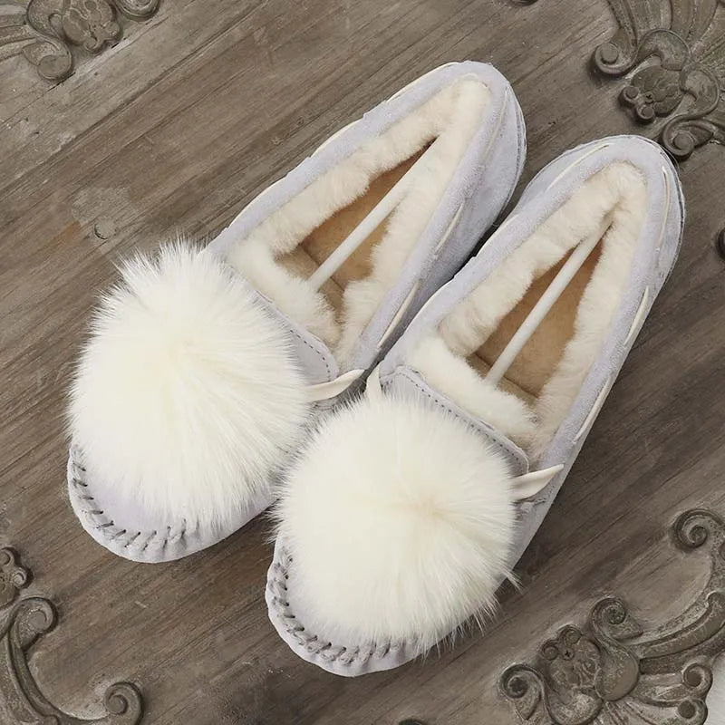 GRWG Mocassins en cuir pour femmes – Mocassins d'hiver faits à la main en peau de porc véritable, avec des chaussures plates à enfiler avec des chaussures en laine