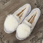 GRWG Mocassins en cuir pour femmes – Mocassins d'hiver faits à la main en peau de porc véritable, avec des chaussures plates à enfiler avec des chaussures en laine