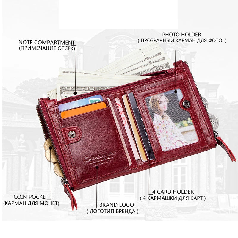 CONTACT’S Damen Geldbörse aus echtem Leder – Kompakte Bifold Wallet mit Kartenfächern, Münzfach & Reißverschluss
