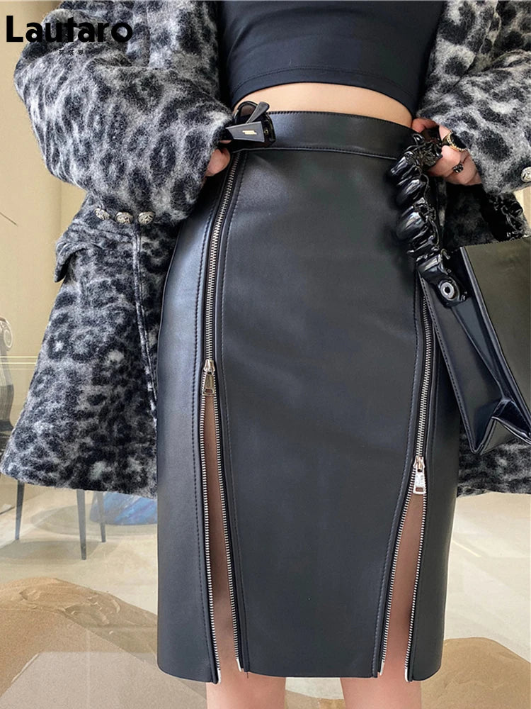 Damen PU Leder Midi Rock Schwarz – High Waist Bleistiftrock mit Doppel-Schlitz & Reißverschluss, eleganter Office- & Streetwear-Style