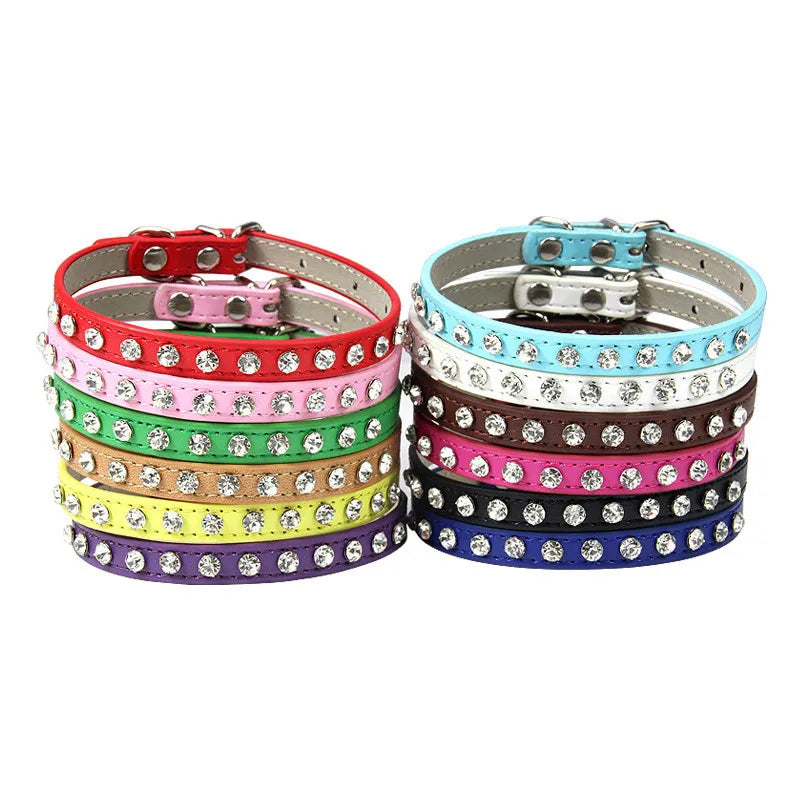 Bling Strass Hunde- & Katzenhalsband aus PU-Leder – Kristall-Diamant Halsband mit Leine für kleine Hunde (12 Farben)