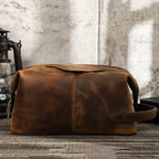 Herren Kulturbeutel aus echtem Crazy Horse Leder – Vintage Reisekosmetiktasche mit großer Kapazität 