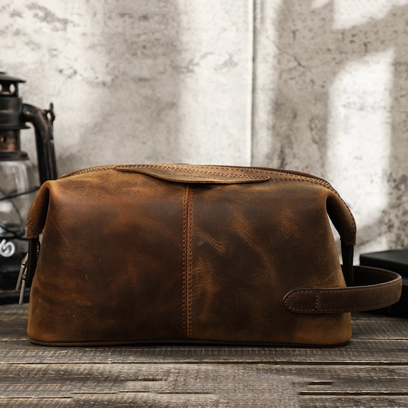 Herren Kulturbeutel aus echtem Crazy Horse Leder – Vintage Reisekosmetiktasche mit großer Kapazität 