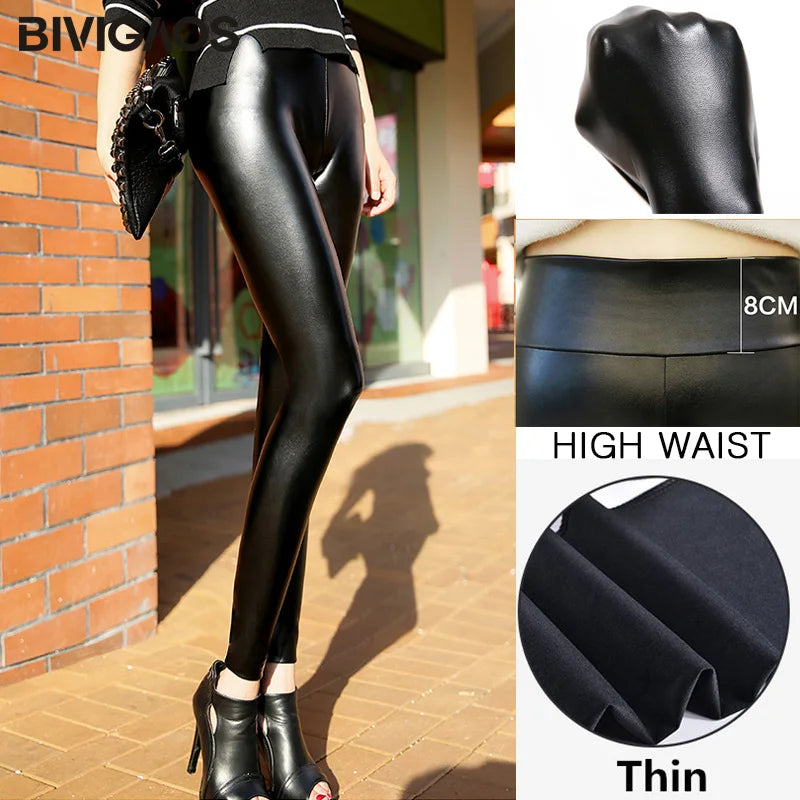 BIVIGAOS Damen PU Lederleggings Winter – Schwarze High Waist Samt-Leggings, warm, Slim Fit & Push-Up Effekt