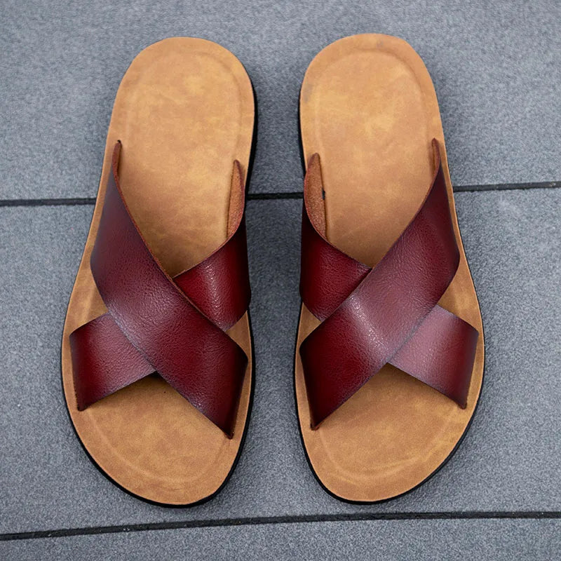 FUQIAO Herren Sommer Sandalen – Klassische Roman Slides, Offene Zehen, PU-Leder Slipper mit Rutschfester Gummisohle für Strand & Outdoor