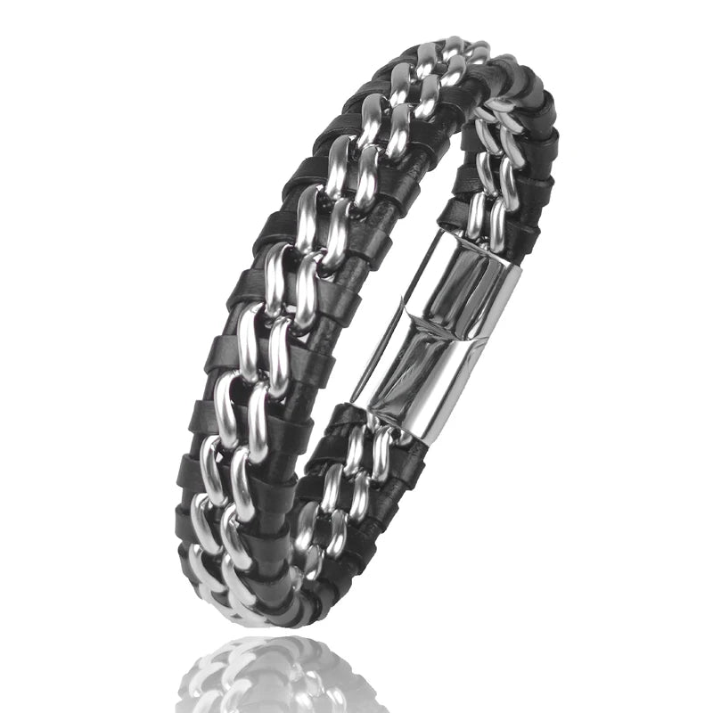 Herren Echtleder Kettenarmband – Exklusives Lederarmband mit magnetischem Edelstahlverschluss in Goldoptik, klassischer Männerschmuck