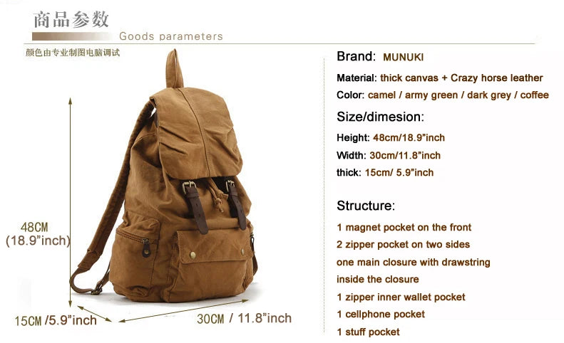 MUNUKI Vintage Canvas Rucksack – Militärischer Retro Drawstring Rucksack für Schule, Alltag & Freizeit