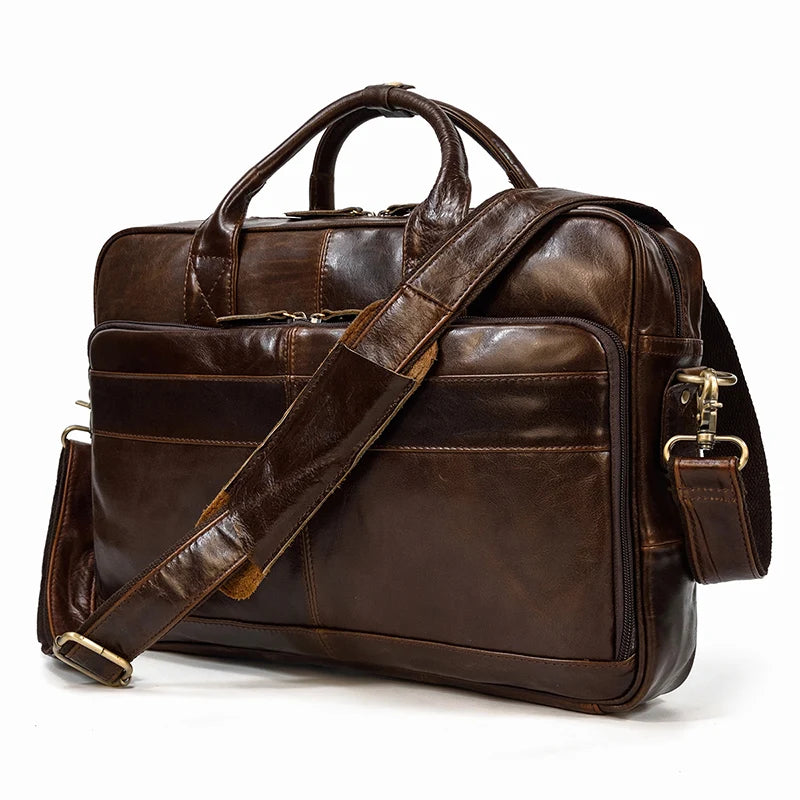 Luufan Herren Leder-Aktentasche - Maletín de cuero Vintage Crazy Horse para portátil de 15,6", bolso bandolera grande para negocios