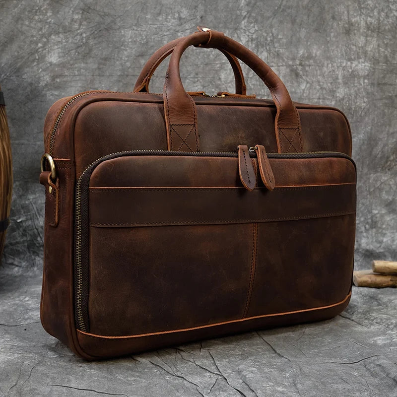 Luufan Herren Leder-Aktentasche - Maletín de cuero Vintage Crazy Horse para portátil de 15,6", bolso bandolera grande para negocios