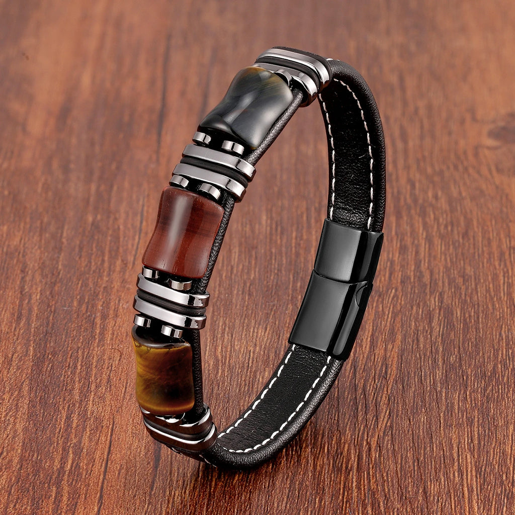 Tigerauge Lederarmband für Damen & Herren – Naturstein Armband mit schwarzem Lederband & Edelstahl-Magnetverschluss, modernes Unisex Schmuckstück