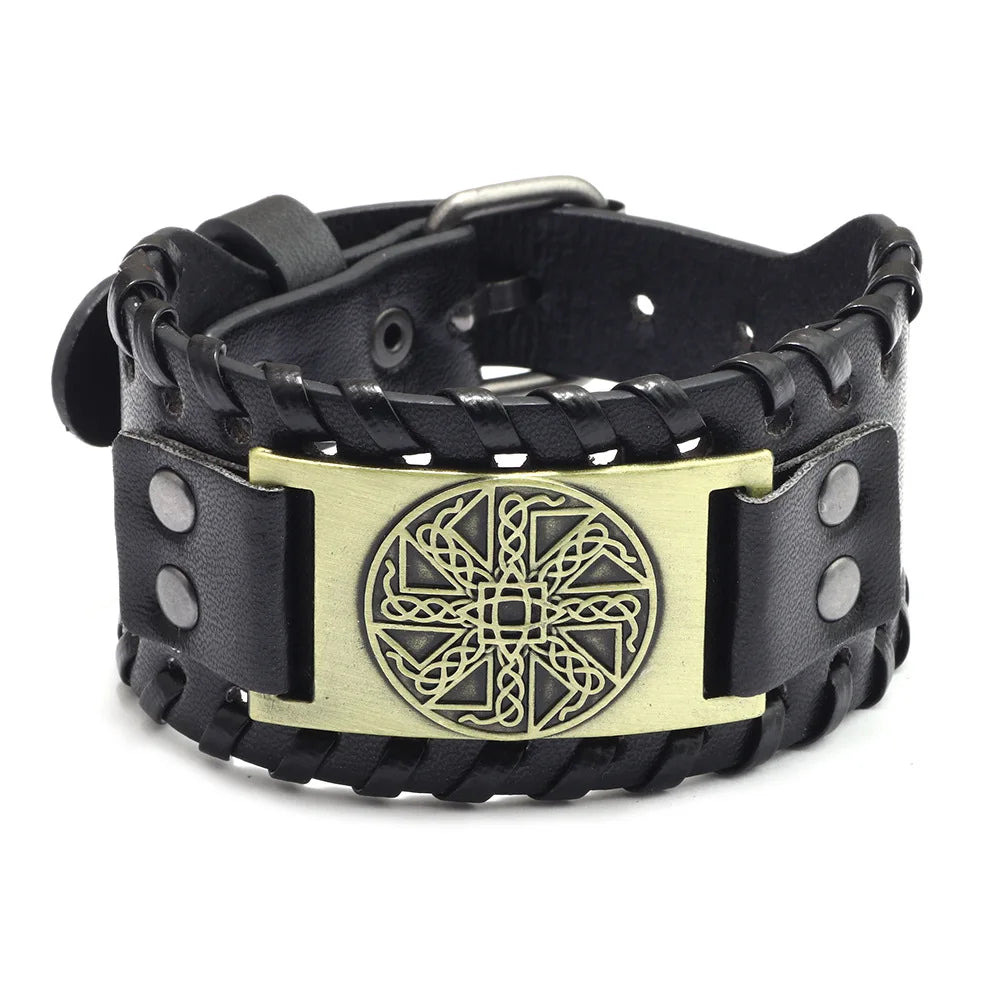 Totem Design Wide Leather Pirate Compass Bracelet Men's Bracelet Celtic Viking Jewelry Compass Bracelet Accessories Party Gifts