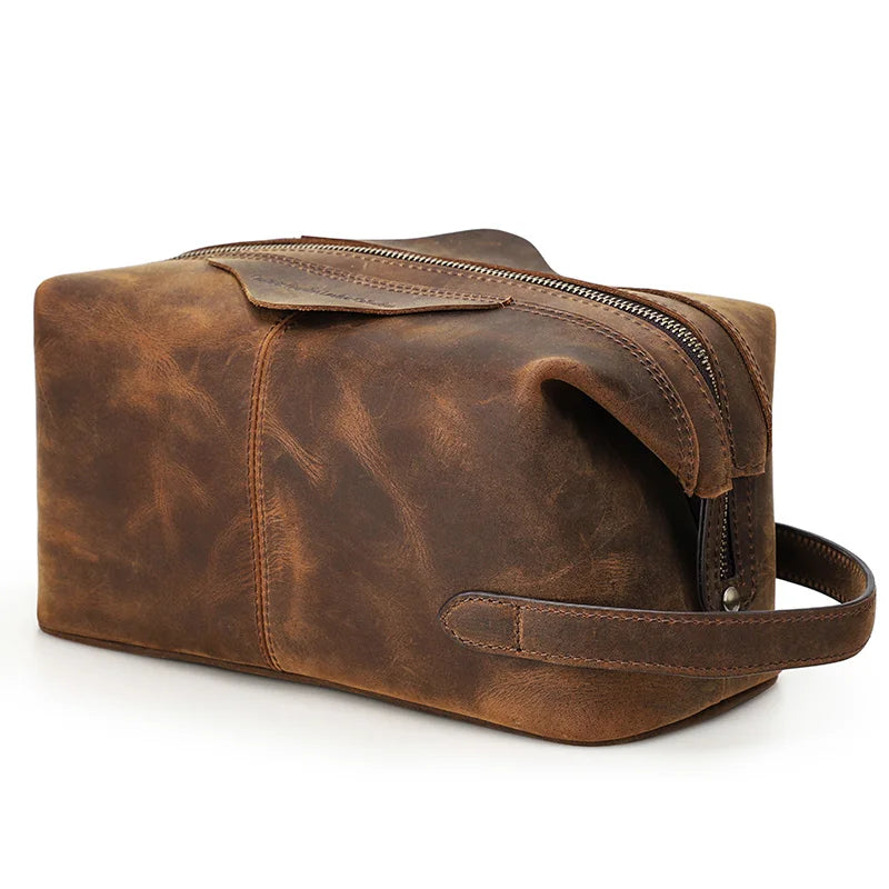 Herren Kulturbeutel aus echtem Crazy Horse Leder – Vintage Reisekosmetiktasche mit großer Kapazität 