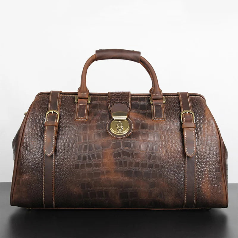 Luufan Vintage Crazy Horse Bolsas de viaje de cuero para hombres – Bolsa de viaje grande aus echtem Rindsleder mit Schloss &amp; Krokodil-Prägung