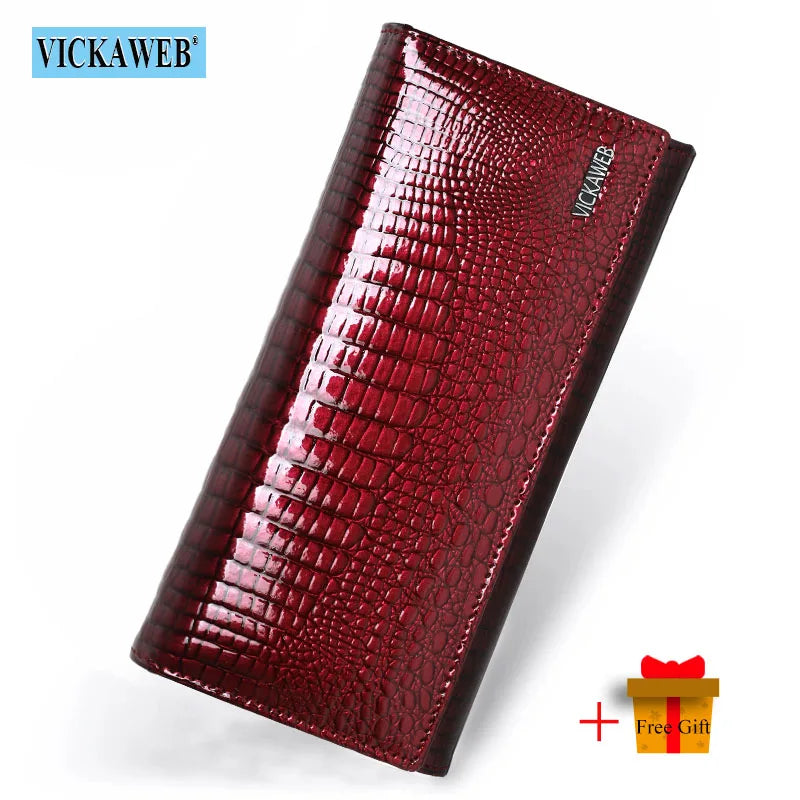 VICKAWEB Damen Geldbörse aus echtem Leder - Lange Fashion Wallet mit Doppel-Reißverschluss, großer Kapazität &amp; Alligator-Prägung (VK-AE501) 
