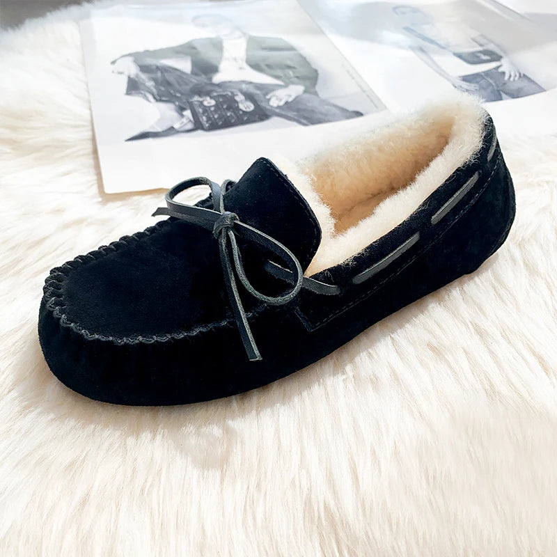 GRWG Chaussures plates en cuir pour femme – Mocassins faits à la main en cuir véritable avec loup, chaussures à enfiler chaudes pour l'hiver