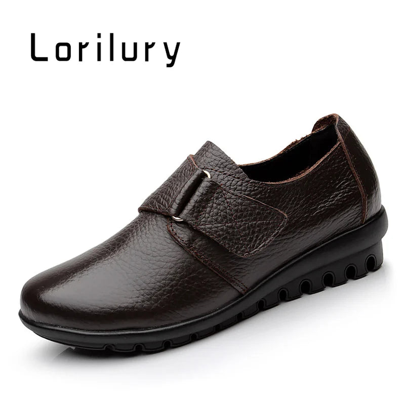Lorilury Damen Leder Moccasins – Bequeme Wedges mit Klettverschluss, rutschfeste Flats für breite Füße