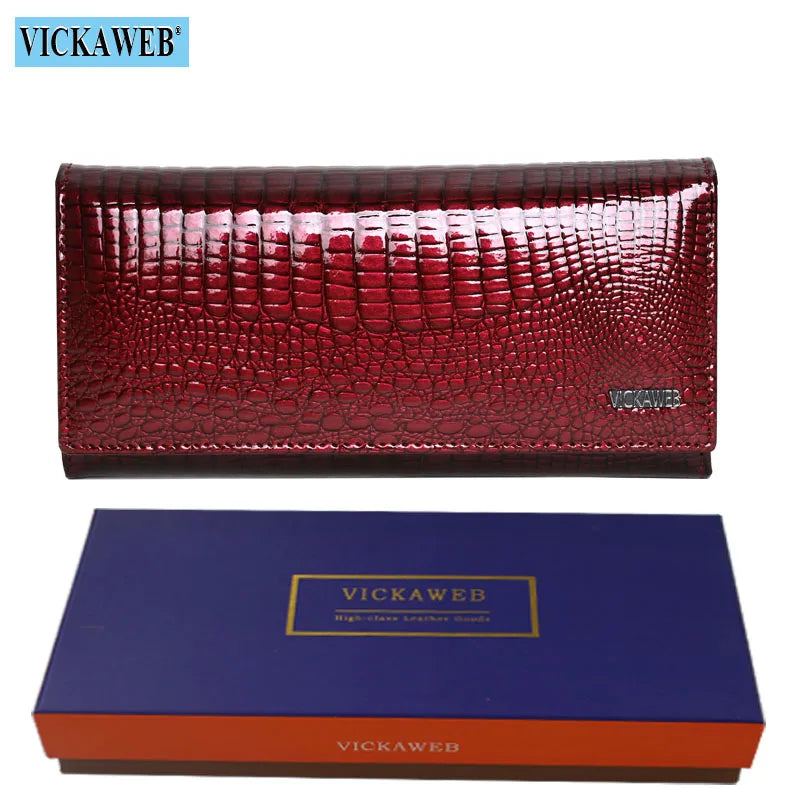 VICKAWEB Damen Geldbörse aus echtem Leder - Lange Fashion Wallet mit Doppel-Reißverschluss, großer Kapazität &amp; Alligator-Prägung (VK-AE501) 